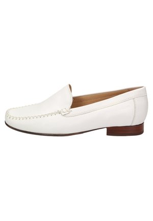 Weiße Lederloafers mit einer runden Zehenform, dekorativer Naht entlang der Kante und einem niedrigen braunen Absatz. Das Innenfutter ist glatt gefüttert.