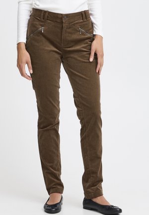 Brown corduroy pants with a slim fit, featuring two zippered pockets near the hips and subtle vertical ribbing texture.