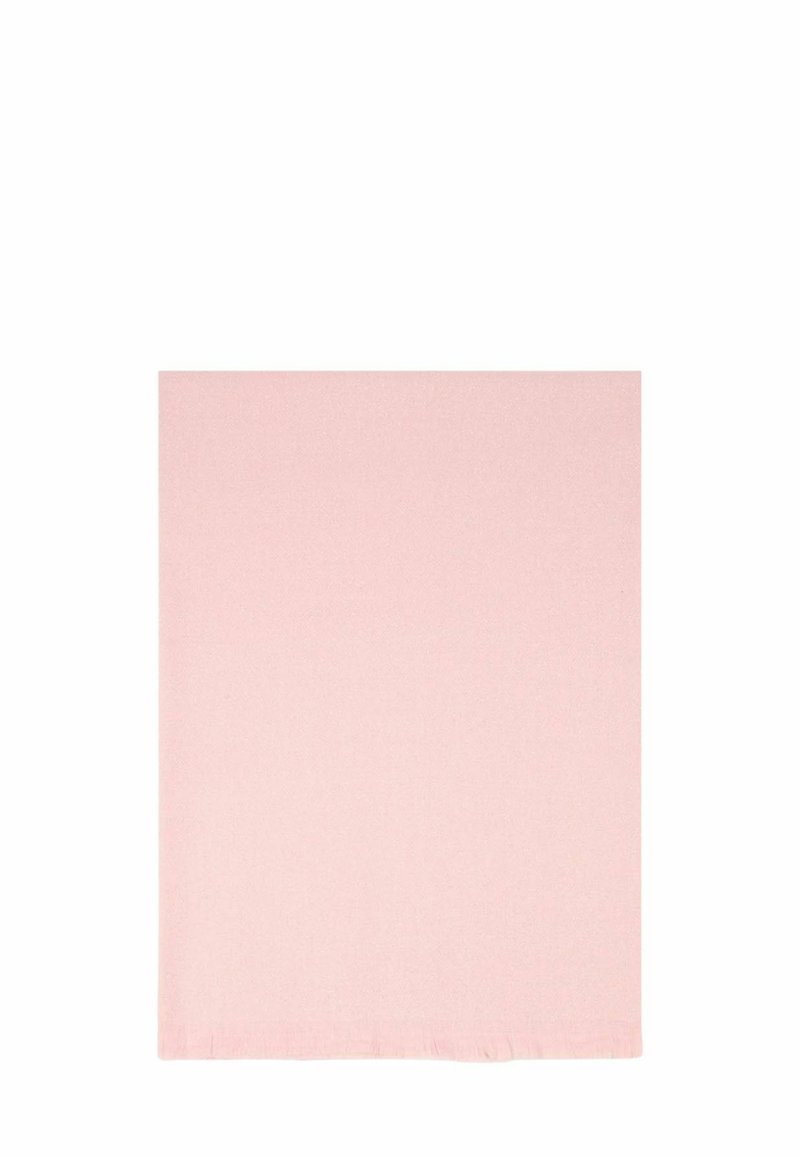 Coperta rosa chiaro con una texture liscia, forma rettangolare e bordi frangiati, progettata per calore e comfort.
