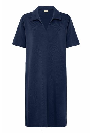 Navy zīda kleita ar apkakles V-veida izgriezumu; izgatavota no gludas, vieglas auduma; ar taisnu piegriezumu un līdz ceļiem garu apdari.