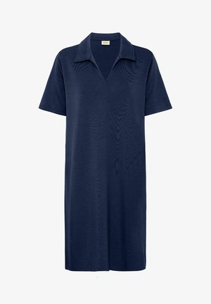 Námořnické šaty s krátkým rukávem a límečkem ve tvaru V; vyrobené z hladké, lehké látky; mají rovný střih a délku po kolena.