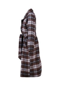 Brown plaid coat with white accents, long sleeves, button closure, and a tied belt. Made of textured fabric, featuring a straight cut.