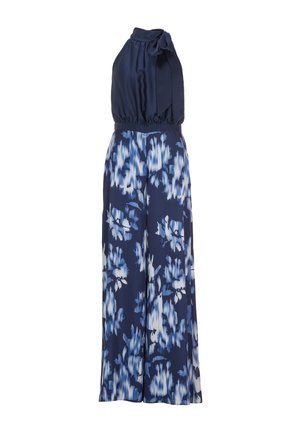 Tuta navy con scollo all'americana, caratterizzata da un dettaglio con fiocco e un design a gamba larga decorato con un motivo floreale blu e bianco.