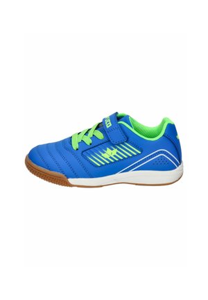 Blaue Sportschuhe mit grünen Akzenten, ausgestattet mit einem glatten Synthetik-Obermaterial, Schnür- und Klettverschluss, strukturiertem Sohlen und gestreiftem Design.