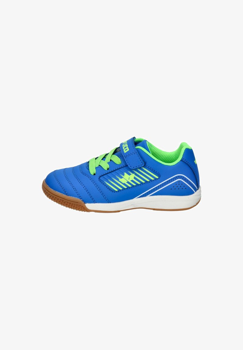Blue athletic shoe with green accents, featuring a smooth synthetic upper, lace and Velcro closure, textured sole, and striped design.