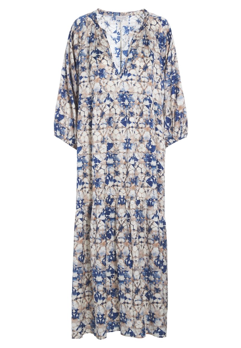 Robe longue fluide à manches longues avec un col en V, une jupe à volants et un motif floral abstrait en bleu, beige et blanc.