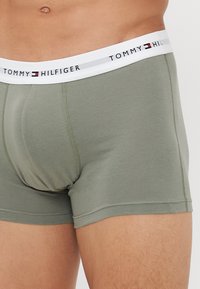 Groene boxershorts van zacht katoen, met een witte elastische tailleband waarop het logo "TOMMY HILFIGER" staat en contrasterende grijze strepen.