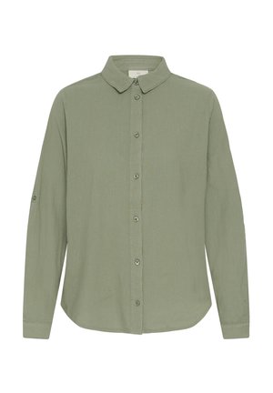 Camisa verde oliva de manga larga con botones en el cuello y los puños, confeccionada en tela ligera, mostrada sobre un fondo blanco.