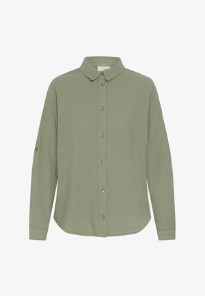 Camisa verde oliva de manga larga con botones en el cuello y los puños, confeccionada en tela ligera, mostrada sobre un fondo blanco.