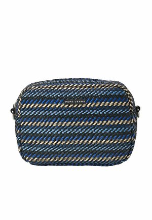 Rechthoekige stoffen schoudertas met blauwe, zwarte en beige geweven strepen en een "Pepe Jeans"-logo op de voorkant.