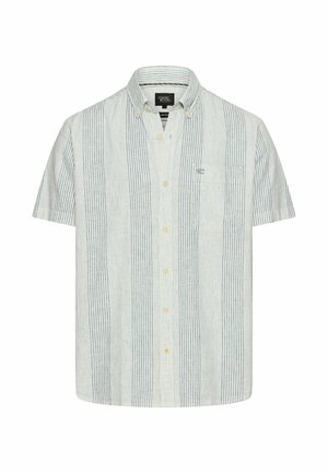 Kortermelig overhemd met dunne verticale grijze strepen en een borstzak, gemaakt van lichtgewicht stof.