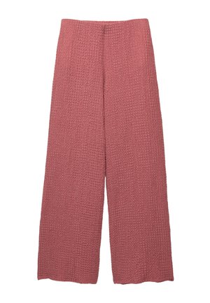 Pantalons à jambe large en tissu texturé, en tricot gaufré. La couleur est un rose doux. Dispose d'une taille élastique et de jambes droites.