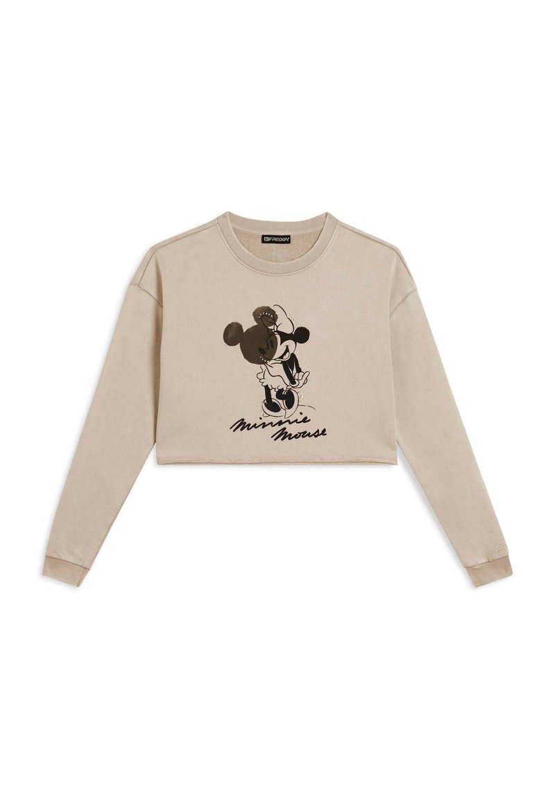 Sweatshirt court beige en tissu doux, avec un graphique noir représentant un personnage tenant une fleur, complété par le texte "Minnie Mouse" en dessous.
