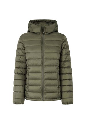 Olijfgroene pufferjas met horizontale stiksels, een capuchon en een rits aan de voorkant. Heeft elastische manchetten en een slank pasvormontwerp.