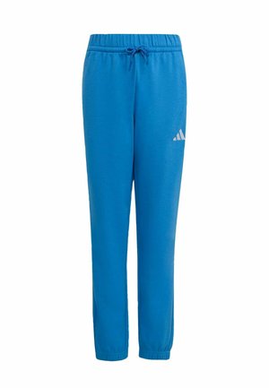 Blue athletic pants with elastic waistband and cuffs, featuring a drawstring and a small white logo on the upper thigh.