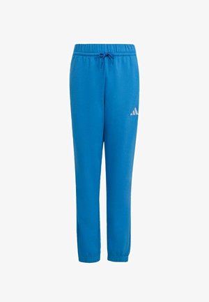 Niebieskie spodnie sportowe z elastyczną talią i mankietami, wyposażone w sznurek i małe białe logo na górnej części uda.