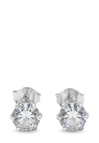 Orecchini a perno in argento sterling con pietre rotonde in zirconia cubica trasparente, bloccati da sei griffe, con una finitura lucida.