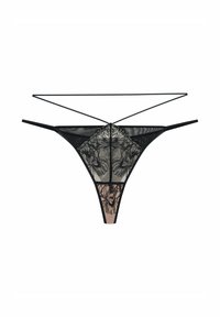 Schwarzes Spitzenhöschen mit Blumenmuster. Verfügt über dünne elastische Träger und ein transparenter Rückenteil, das ein raffinertes Design mit kontrastierenden nude Elementen kombiniert.