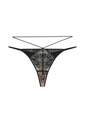 Czarny koronkowy stringi z kwiatowym wzorem. Posiada cienkie elastyczne paski oraz przezroczysty panel z tyłu, łącząc skomplikowany wzór z kontrastującymi cielistymi elementami.