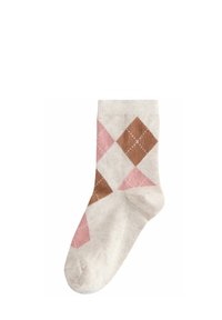 Calze lavorate a maglia con una base beige, caratterizzate da un motivo a diamante in sfumature di rosa e marrone, e piccoli dettagli a pois bianchi distribuiti in tutto il design.