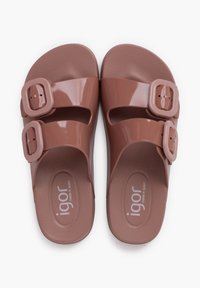 Brown rubber slide sandals featuring two adjustable straps with rectangular buckles, textured footbed, and circular logo on the insole.