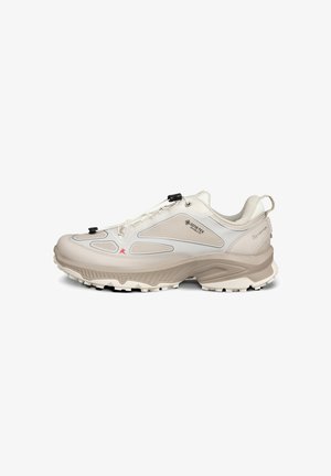 Scarpa da trekking beige chiaro con loghi Gore-Tex e Receptor, suola robusta e sistema di allacciatura rapida, mostrata dal lato destro su sfondo bianco.