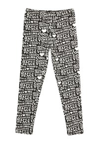 Leggings negros con un patrón de texto blanco repetido que presenta palabras como "bondad", "paz" y "amor". Tejido elástico, diseño ajustado.