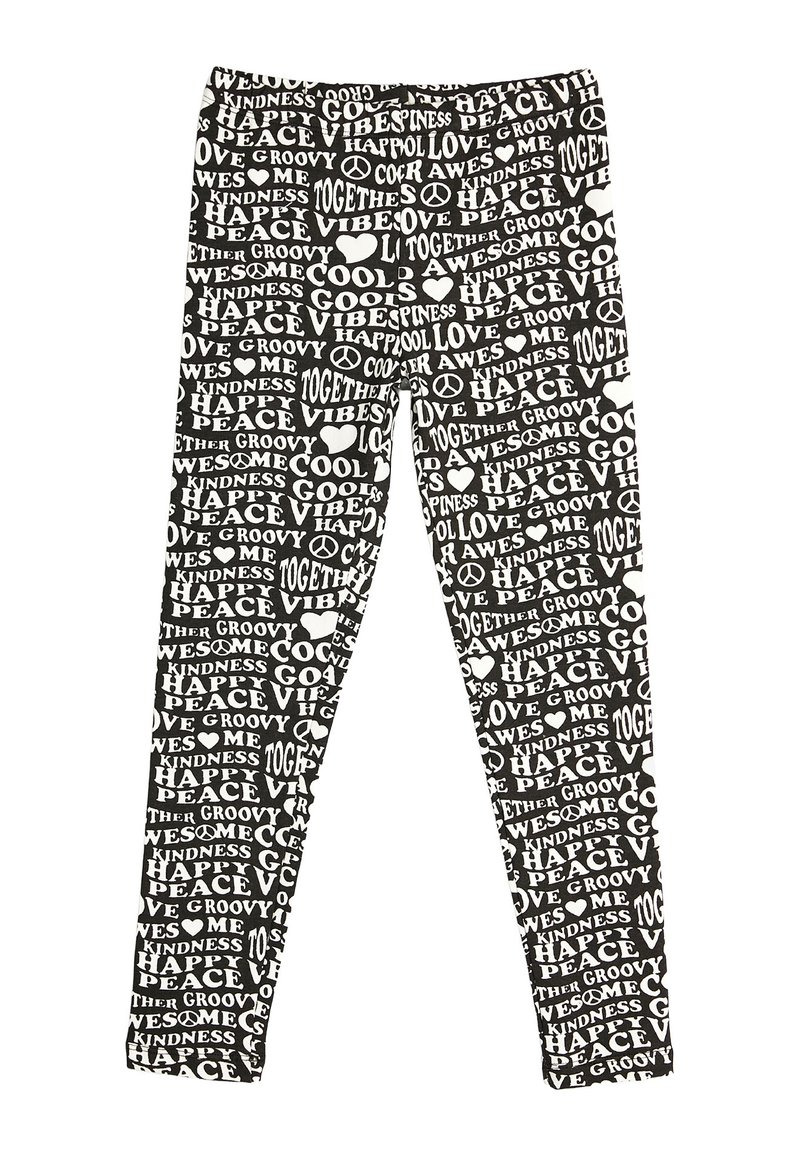 Leggings negros con un patrón de texto blanco repetido que presenta palabras como "bondad", "paz" y "amor". Tejido elástico, diseño ajustado.