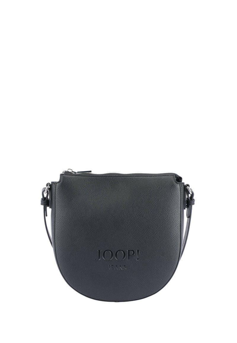 Borsa a tracolla in pelle nera con forma arrotondata, dotata di chiusura con zip e logo "JOOP!" impresso sul davanti. Inclusa tracolla regolabile.