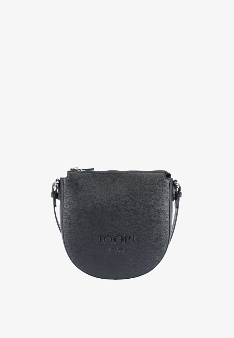 Borsa a tracolla in pelle nera con forma arrotondata, dotata di chiusura con zip e logo "JOOP!" impresso sul davanti. Inclusa tracolla regolabile.