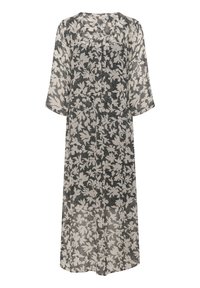 Robe longue fleurie en noir et blanc avec manches aux trois-quarts et encolure ronde.