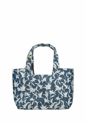 Borsa a tracolla in tessuto blu con motivo a foglia bianca e due manici, con una piccola tasca con cerniera fissata all'interno del manico.