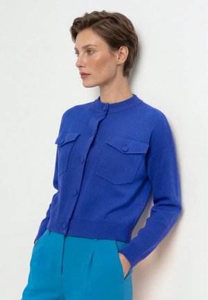 Vrouw met kort bruin haar, een dichtgeknoopt koningsblauw vest en turquoise broek, staand tegen een witte muur met handen in de zakken.