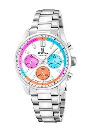 Orologio da polso Festina Chrono argento con quadrante bianco, tre subquadranti rosa, blu e arancione e indicatori dei minuti multicolori su un bracciale in metallo.
