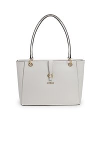 Borsa tote in pelle bianca con accenti neri, forma rettangolare elegante, hardware dorato, con logo e due manici per il trasporto.