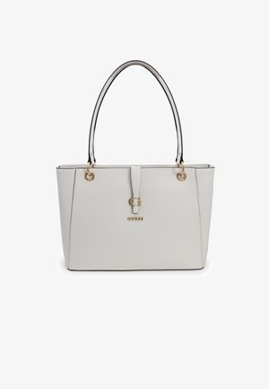 Borsa tote in pelle bianca con accenti neri, forma rettangolare elegante, hardware dorato, con logo e due manici per il trasporto.