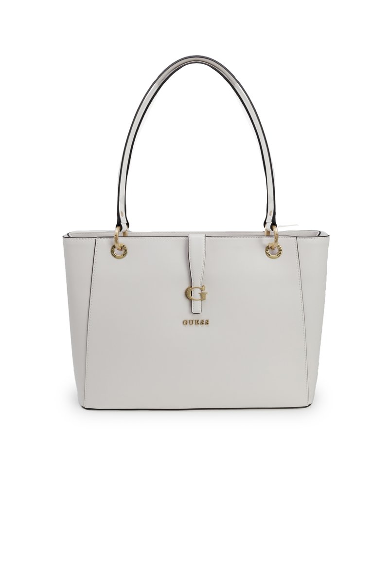 Borsa tote in pelle bianca con accenti neri, forma rettangolare elegante, hardware dorato, con logo e due manici per il trasporto.