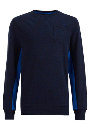 Navy blue long-sleeve crewneck sweater with a small chest pocket and bright blue side panels on sleeves and torso.