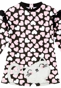 Schwarz langärmliges Kleid mit einem Herzmuster in Pink und Weiß, einem silbernen Katzen-Applikation in der unteren rechten Ecke und strukturierten Rüschen an den Ärmeln.