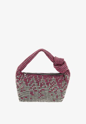 Lille håndtaske med et struktureret mønster af pink og sølv rhinsten, med et knyttet håndtag og lynlås lukning.