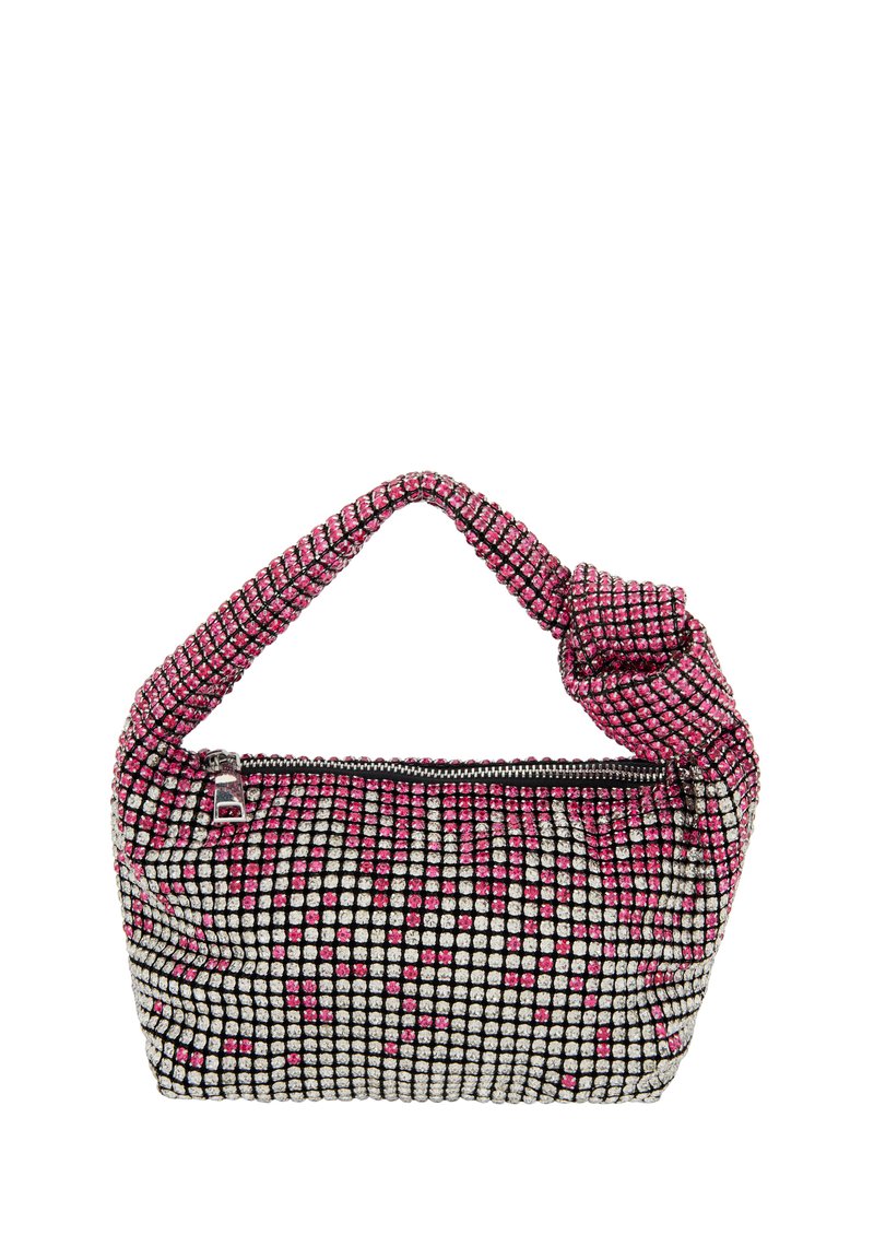 Kis kézitáska, amely rózsaszín és ezüst strasszok textúrázott mintázatával rendelkezik, csomózott füllel és cipzáros záródással.