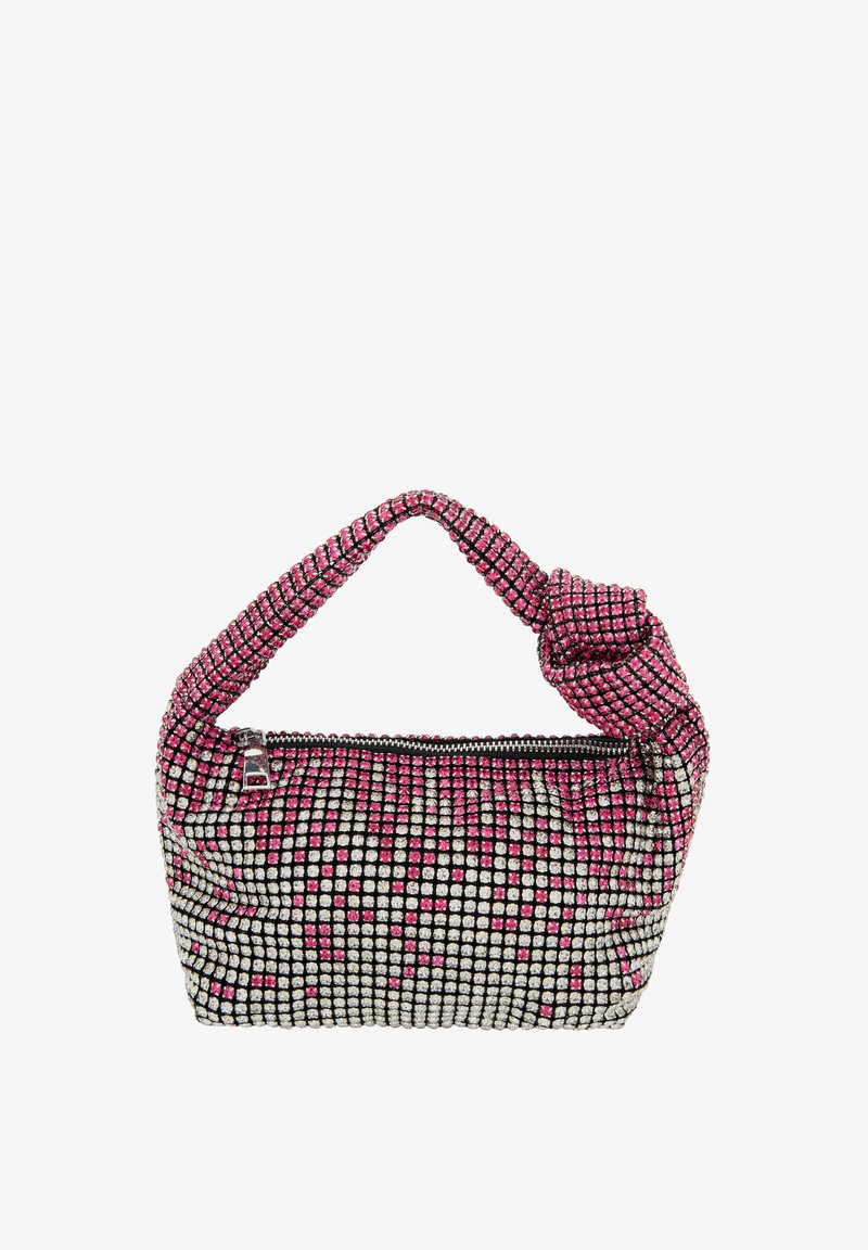 Mała torebka z teksturowanym wzorem różowych i srebrnych cyrkonii, z węzłowym uchwytem i suwakiem.