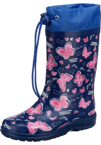 Botte de pluie en caoutchouc bleu marine avec des motifs de papillons roses et de cœurs. Dispose d'un haut à cordon de serrage pour un ajustement réglable et d'une semelle texturée.