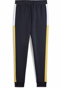 Navy joggery z białymi i żółtymi panelami bocznymi; elastyczny pas; zwężana nogawka; miękki materiał bawełniany; casualowy design sportowy.