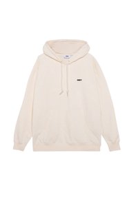 Cremefarbener Hoodie aus weicher Baumwolle, mit einer großen Kängurutasche vorne, einer Kapuze mit Kordelzügen und einem kleinen schwarzen "OBEY"-Logo auf der Brust.