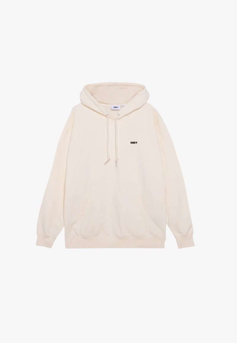 Felpa crema realizzata in morbido cotone, con tasca a marsupio frontale, cappuccio con coulisse e un piccolo logo nero "OBEY" sul petto.