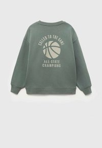 Zelená mikina s grafikou basketbalu a textom "POVOLANÝ DO HRY VŠETKÝCH ŠTÁTOVÉCH ŠAMPIONOCH", s rebrovanými manžetami a okrúhlym výstrihom.