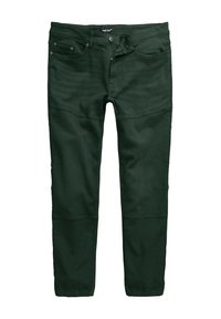 Pantaloni slim-fit da uomo verde scuro con chiusura a bottoni e zip, cinque tasche e cuciture rinforzate su ginocchia e orli.