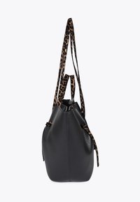 Black leather bucket bag with textured surface, complemented by leopard print drawstring straps and top closure. Designed with a soft shape.