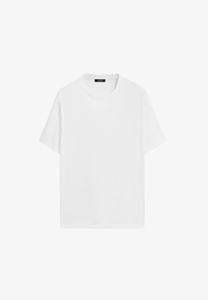Weißes Baumwoll-T-Shirt mit kurzen Ärmeln, rundem Halsausschnitt und lockerer Passform. Glatte Textur und minimalistisches Design, ohne Muster oder Akzente.